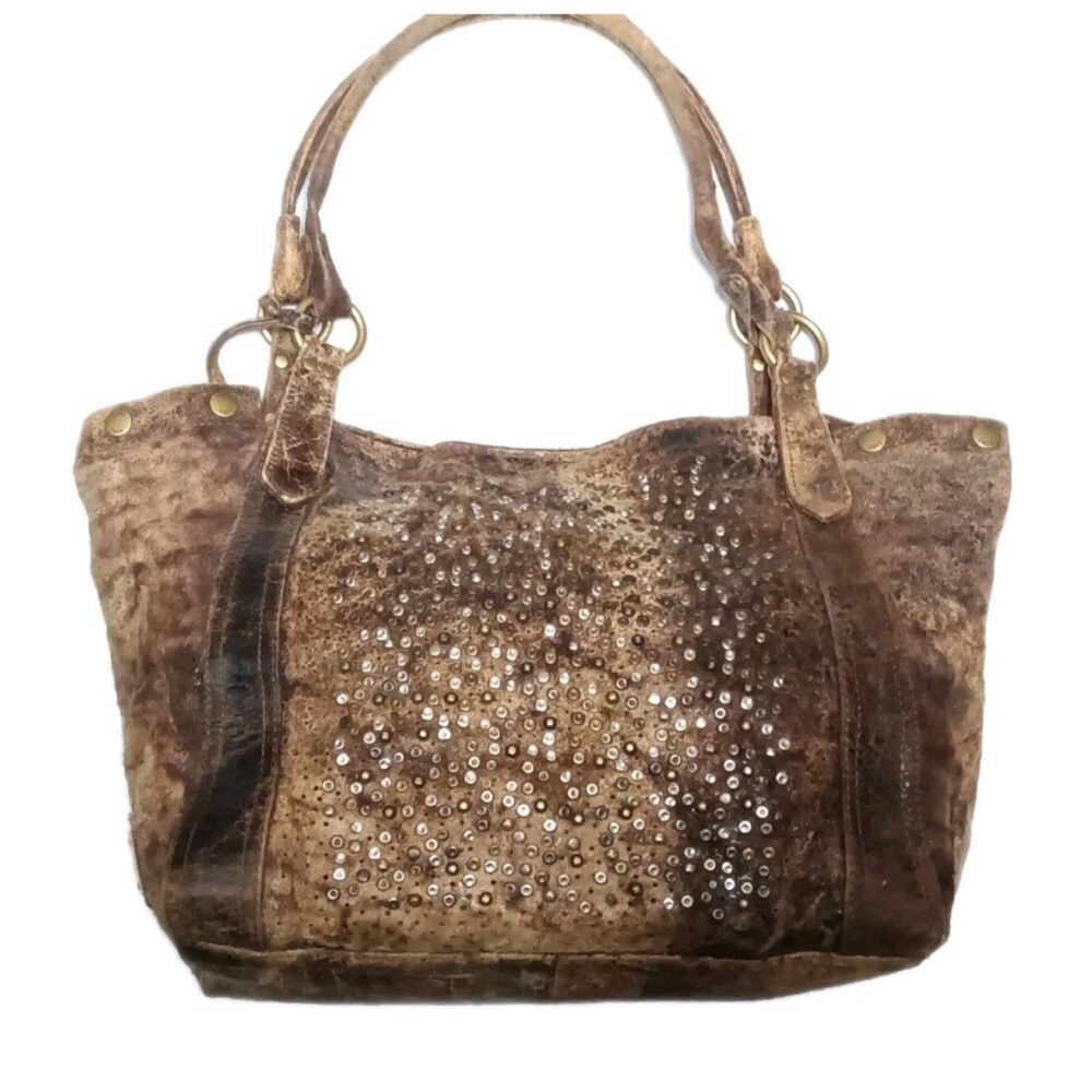 Frye Deborah Chocolate Brown Leather Studded Shoulder Tote Handbag